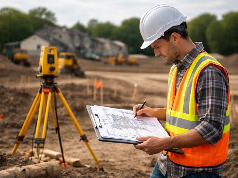 Licensed land surveyor reviewing site plans beside surveying equipment during a residential construction project for an as-built survey.