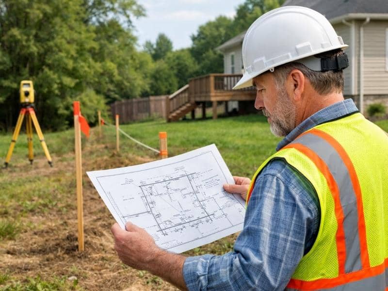 Boundary survey vs property survey guide showing a surveyor reviewing property lines at a residential property