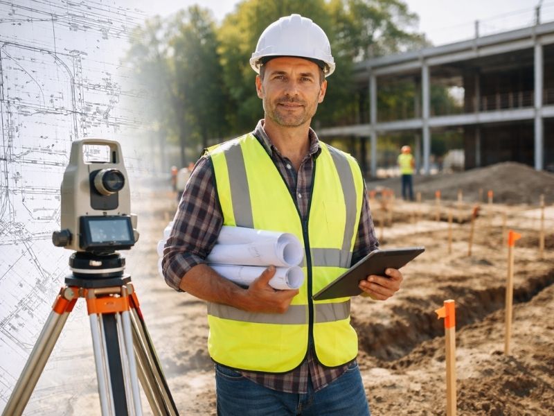 Construction surveyor reviewing plans beside a total station to verify building layout and keep the project within the approved site plan.