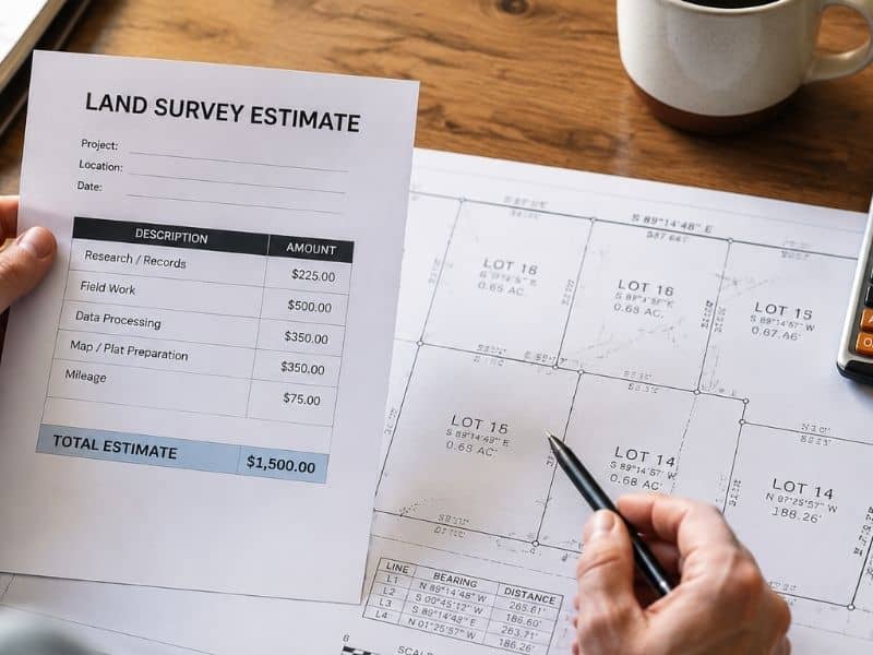 Property owner reviewing a land survey cost estimate and survey map to understand pricing before a purchase, fence project, or property improvement