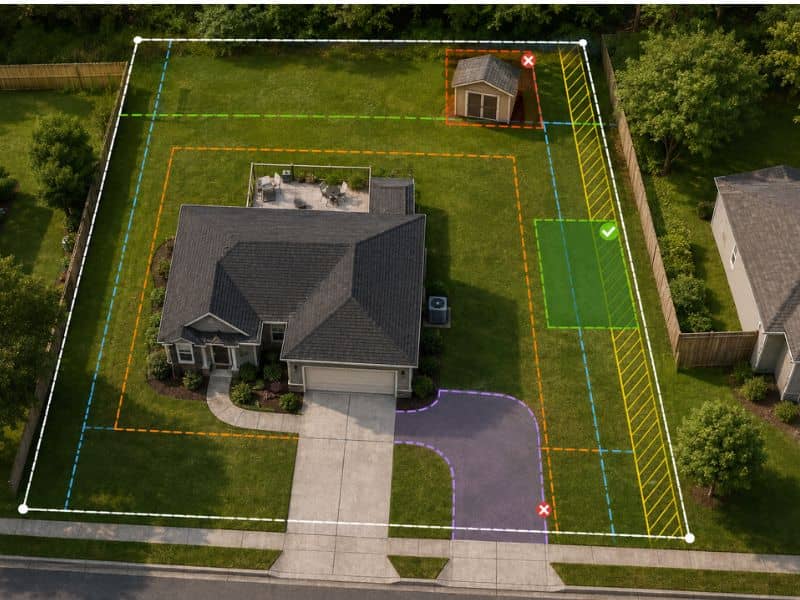 Aerial view of a house with color-coded plan lines marking yard zones and a small shed in the back corner, illustrating a landscaping project plan.